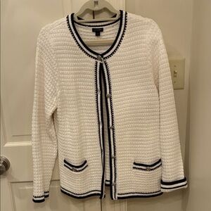 White Textured Knit Cardigan with Navy Trim